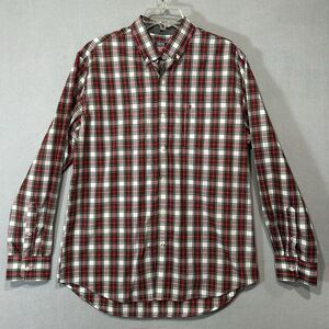 Izod Button Up Shirt‎ Mens Large Red Green Plaid Long Sleeve Cotton Blend Office